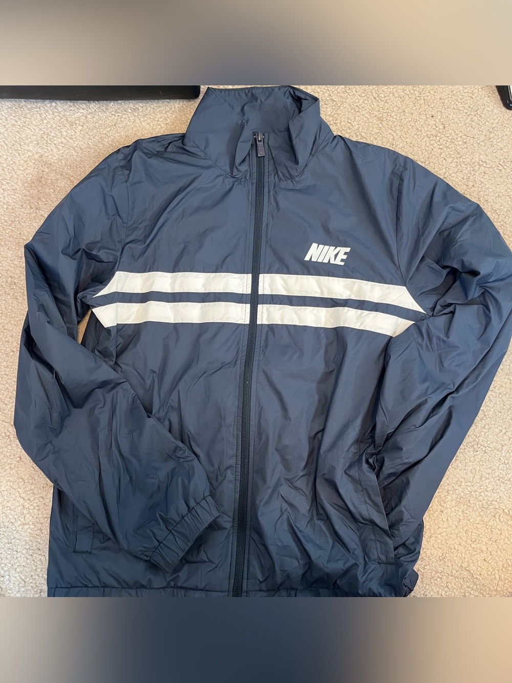 Nike Navy Windbreaker with White Chest Stripes